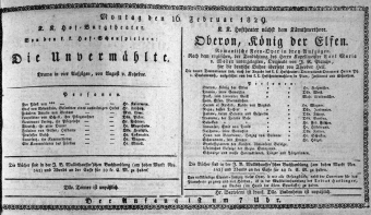 Theaterzettel (Oper und Burgtheater in Wien) 18290216 Seite: 1