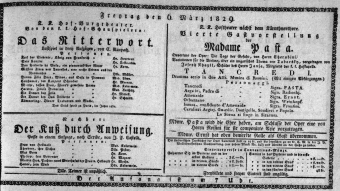 Theaterzettel (Oper und Burgtheater in Wien) 18290306 Seite: 1