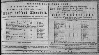 Theaterzettel (Oper und Burgtheater in Wien) 18290603 Seite: 1