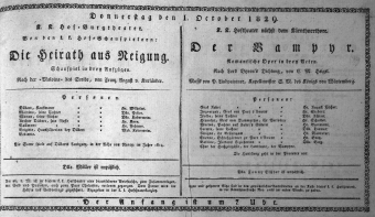 Theaterzettel (Oper und Burgtheater in Wien) 18291001 Seite: 1