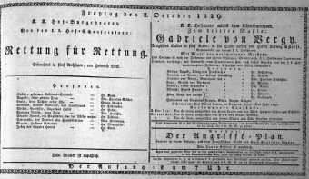Theaterzettel (Oper und Burgtheater in Wien) 18291002 Seite: 1