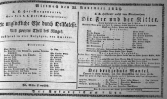 Theaterzettel (Oper und Burgtheater in Wien) 18291125 Seite: 1