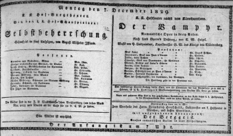 Theaterzettel (Oper und Burgtheater in Wien) 18291207 Seite: 1