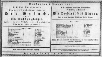 Theaterzettel (Oper und Burgtheater in Wien) 18300102 Seite: 1