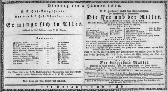 Theaterzettel (Oper und Burgtheater in Wien) 18300105 Seite: 1