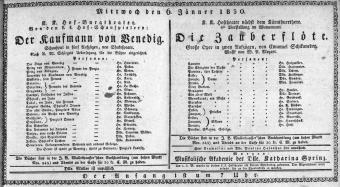 Theaterzettel (Oper und Burgtheater in Wien) 18300106 Seite: 1