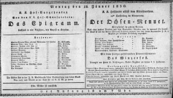 Theaterzettel (Oper und Burgtheater in Wien) 18300118 Seite: 1