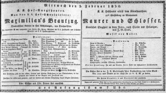 Theaterzettel (Oper und Burgtheater in Wien) 18300203 Seite: 1
