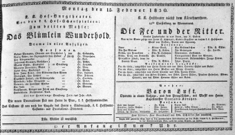 Theaterzettel (Oper und Burgtheater in Wien) 18300215 Seite: 1