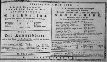 Theaterzettel (Oper und Burgtheater in Wien) 18300507 Seite: 1