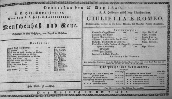 Theaterzettel (Oper und Burgtheater in Wien) 18300527 Seite: 1