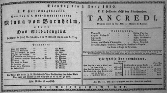 Theaterzettel (Oper und Burgtheater in Wien) 18300601 Seite: 1