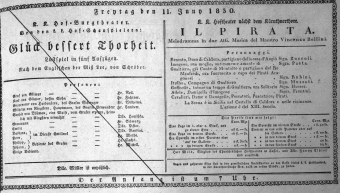 Theaterzettel (Oper und Burgtheater in Wien) 18300611 Seite: 1