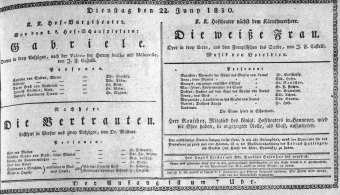 Theaterzettel (Oper und Burgtheater in Wien) 18300622 Seite: 1