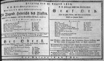 Theaterzettel (Oper und Burgtheater in Wien) 18300813 Seite: 1