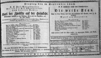 Theaterzettel (Oper und Burgtheater in Wien) 18300910 Seite: 1