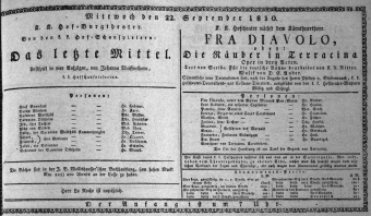 Theaterzettel (Oper und Burgtheater in Wien) 18300922 Seite: 1