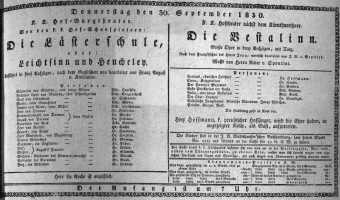 Theaterzettel (Oper und Burgtheater in Wien) 18300930 Seite: 1
