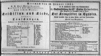 Theaterzettel (Oper und Burgtheater in Wien) 18310112 Seite: 1