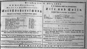 Theaterzettel (Oper und Burgtheater in Wien) 18310315 Seite: 1