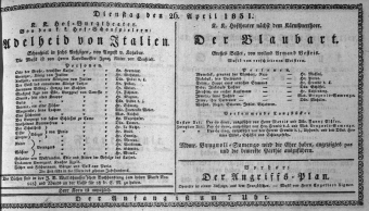 Theaterzettel (Oper und Burgtheater in Wien) 18310426 Seite: 1