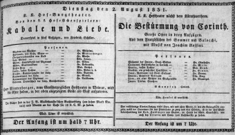 Theaterzettel (Oper und Burgtheater in Wien) 18310802 Seite: 1