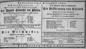 Theaterzettel (Oper und Burgtheater in Wien) 18310901 Seite: 1