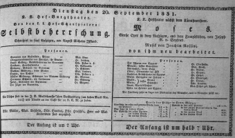 Theaterzettel (Oper und Burgtheater in Wien) 18310920 Seite: 1