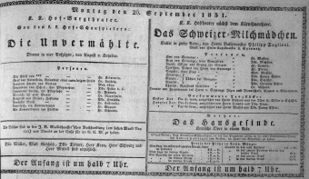 Theaterzettel (Oper und Burgtheater in Wien) 18310926 Seite: 1