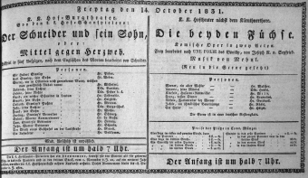 Theaterzettel (Oper und Burgtheater in Wien) 18311014 Seite: 1