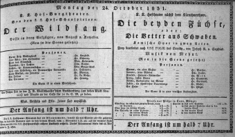 Theaterzettel (Oper und Burgtheater in Wien) 18311024 Seite: 1