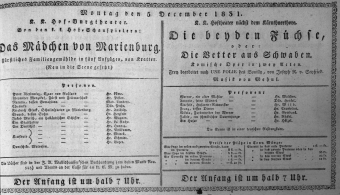 Theaterzettel (Oper und Burgtheater in Wien) 18311205 Seite: 1