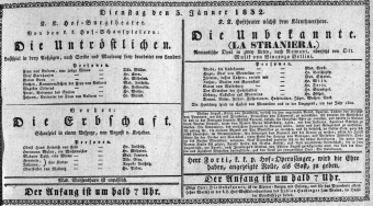 Theaterzettel (Oper und Burgtheater in Wien) 18320103 Seite: 1