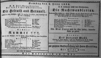 Theaterzettel (Oper und Burgtheater in Wien) 18320602 Seite: 1