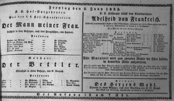 Theaterzettel (Oper und Burgtheater in Wien) 18320608 Seite: 1