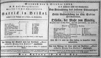 Theaterzettel (Oper und Burgtheater in Wien) 18321003 Seite: 1