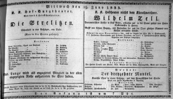 Theaterzettel (Oper und Burgtheater in Wien) 18330619 Seite: 1