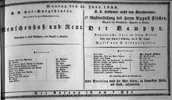 Theaterzettel (Oper und Burgtheater in Wien) 18330624 Seite: 1