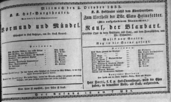 Theaterzettel (Oper und Burgtheater in Wien) 18331002 Seite: 1