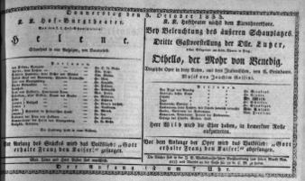 Theaterzettel (Oper und Burgtheater in Wien) 18331003 Seite: 1