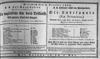 Theaterzettel (Oper und Burgtheater in Wien) 18331009 Seite: 1