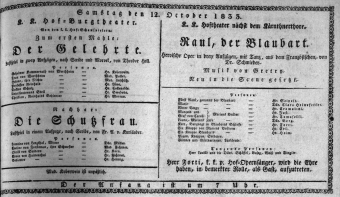 Theaterzettel (Oper und Burgtheater in Wien) 18331012 Seite: 1