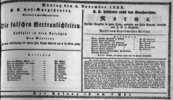 Theaterzettel (Oper und Burgtheater in Wien) 18331104 Seite: 1