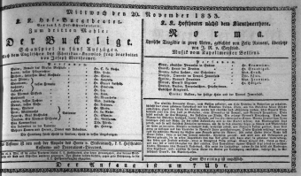 Theaterzettel (Oper und Burgtheater in Wien) 18331120 Seite: 1