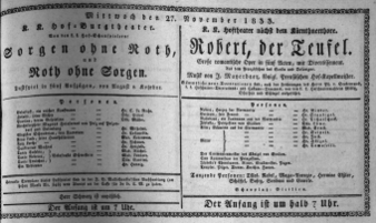 Theaterzettel (Oper und Burgtheater in Wien) 18331127 Seite: 1