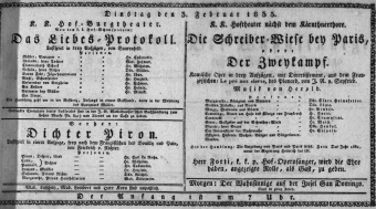 Theaterzettel (Oper und Burgtheater in Wien) 18350203 Seite: 1