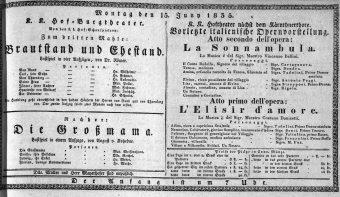 Theaterzettel (Oper und Burgtheater in Wien) 18350615 Seite: 1
