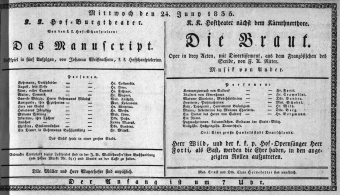 Theaterzettel (Oper und Burgtheater in Wien) 18350624 Seite: 1