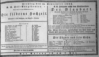 Theaterzettel (Oper und Burgtheater in Wien) 18350911 Seite: 1