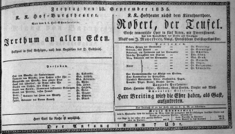 Theaterzettel (Oper und Burgtheater in Wien) 18350918 Seite: 1
